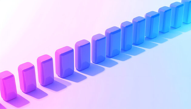 A vibrant, abstract composition features a row of translucent, rectangular prisms in shades of pink and blue, receding into a softly gradient background.