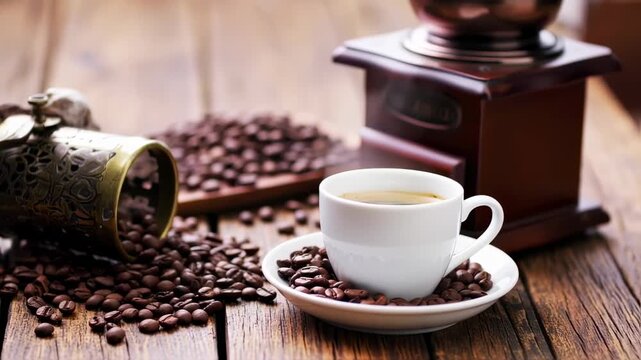 Freshly brewed coffee, coffee beans, and a vintage grinder on a rustic wooden table