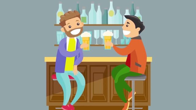 Male Friends Toasted with Beer Glasses at Pub Bar Counter Socializing and Leisure 2D Animation
