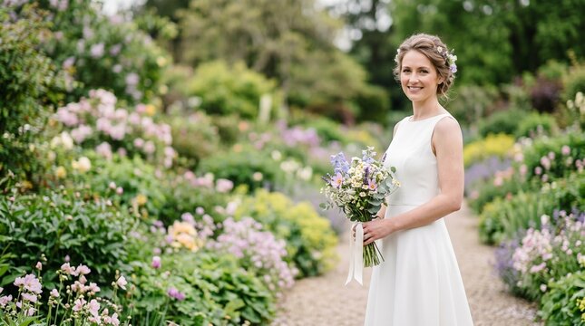 Smiling young bride holding wildflower bouquet while standing in lush summer garden.