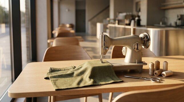 Sewing machine and green fabric on wooden table in sunlit modern workshop.