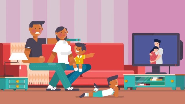 Happy Family with Children Sitting on Sofa Watching Television Together Home Leisure 2D Animation