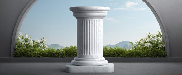 Naklejka premium A white granite column pedestal with silver band stands like a proud knight by a stone archway.