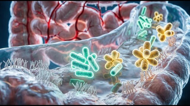 Medical illustration of colorful microbes thriving inside human intestines with villi.