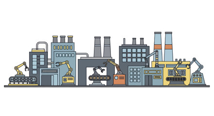 Obraz premium Modern Industrial Factory Building Complex with Robotic Arms and Production Lines.