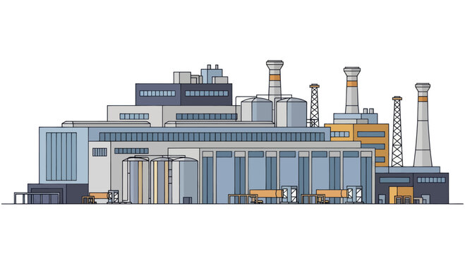 Modern Industrial Factory Building with Smokestacks and Trucks.