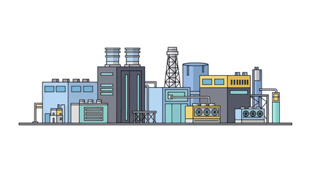 Fototapeta premium Modern Industrial Factory Complex with Cooling Towers and Pipelines.