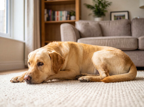 Golden Labrador Retriever dog resting quietly on a comfortable, light-colored rug in a sunlit and cozy home interior.