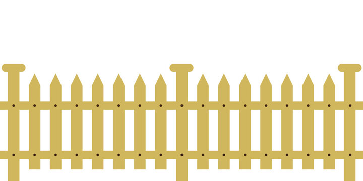 Vector illustration of a tan wooden picket fence with three posts and pointed slats on a white background