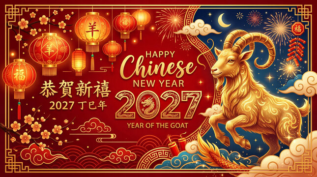 Happy Chinese New Year 2027 year of the goat with traditional lanterns and fireworks.