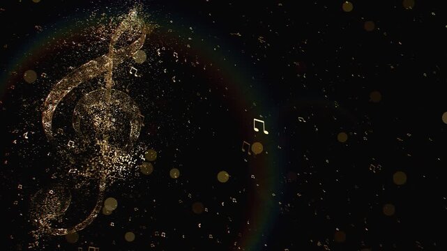 Majestic musical 4k loop animatioon of a treble clef formed from glowing golden particles and tiny musical notes against a dark background with elegant bokeh light spots