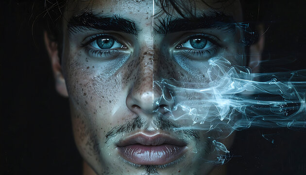 A male portrait, extreme close-up of face. Left side of the face
