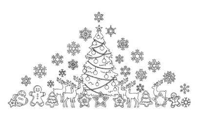 Winter Christmas silhouette set vector tree reindeer snowflake outline © MstNadiya