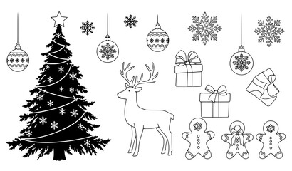 Winter Christmas outline silhouette vector set tree snowflake reindeer © MstNadiya