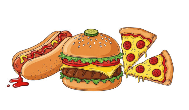 Fast food combo sketch vector burger hotdog pizza hand drawn set