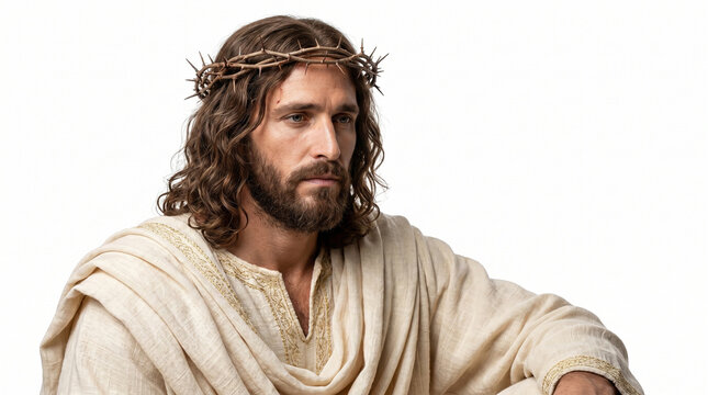 Jesus Christ Wearing Crown of Thorns Portrait on White Background