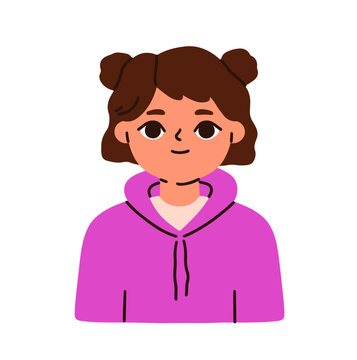 Head portrait of little kid character. Friendly schoolkid with neutral emotion. School girl, child in casual hoodie, face avatar, user profile. Flat vector illustration isolated on white background