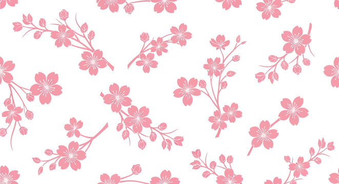 Seamless pattern of delicate pink cherry blossom flowers on a white background, spring floral design