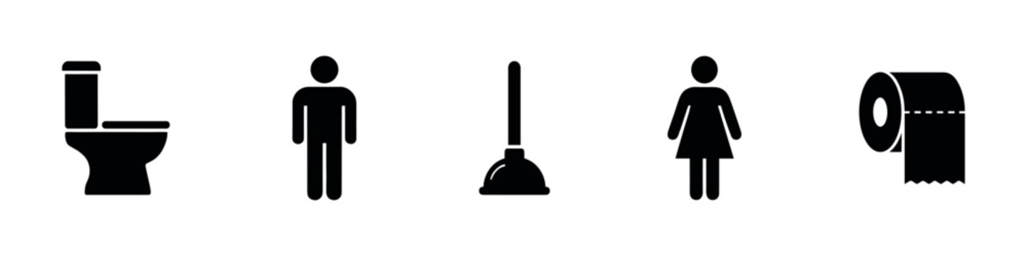 Toilet and bathroom icon set. WC signs, restroom symbols for men and women, hygiene and sanitary silhouettes, black on white.