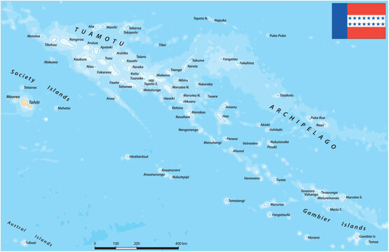 Map of the Tuamotu Archipelago in the South Pacific, French Polynesia