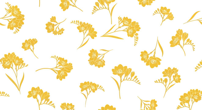 Seamless pattern of small yellow flowers and green leaves, delicate floral design for fabric and wallpaper