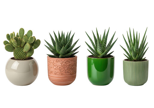 Four diverse potted succulent plants including a prickly pear cactus and various aloe varieties PNG isolated on transparent background