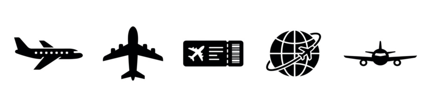 Aviation and flight icon set. Airplane, ticket, and globe travel symbols, airport transportation silhouettes, black on white background. Vector Illustration.	
