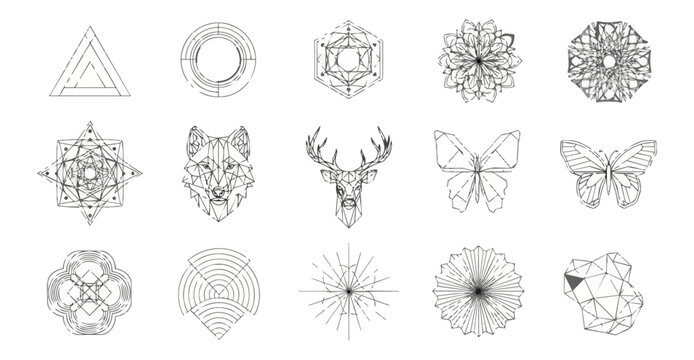 Geometric shape illustrations in white on black background