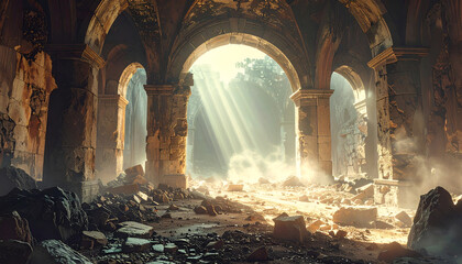 Fototapeta premium Sunlight streams through the crumbling arches of an ancient, ruined building, illuminating a scene of decay and forgotten grandeur.