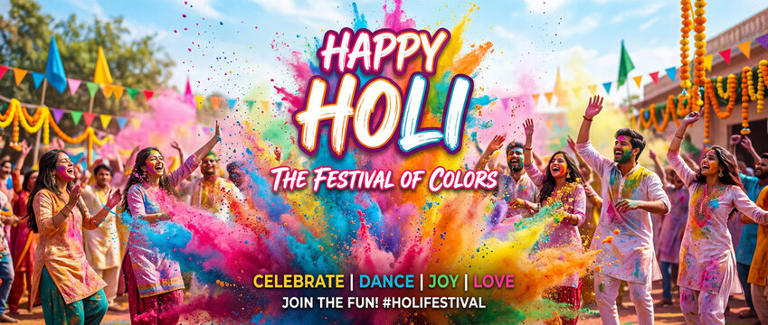 Happy holi festival banner featuring joyful crowd covered in colorful paints under sunny sky.