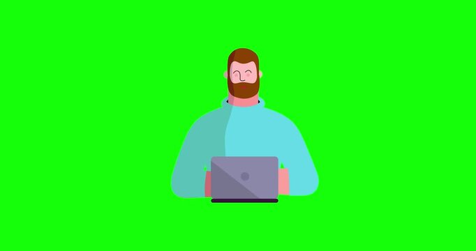 Animated man with beard body front side scene laptop greenbox. Cartoon animation of businessman smiling working. Business explainer flat design people serie movie. Male with computer work scene video.