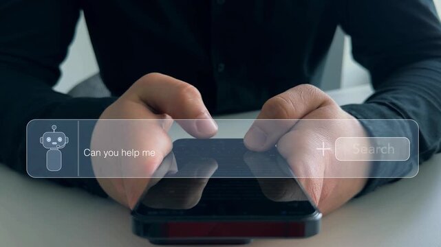 Person searching for information with the help of Ai assistant.Virtual assistant, artificial intelligence Bot and CRM software automation technology.Ai generator documents,bot writing and coding	
