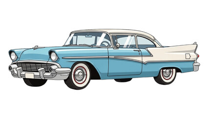Classic blue vintage car illustration with chrome details on road © Stock Image Paradise