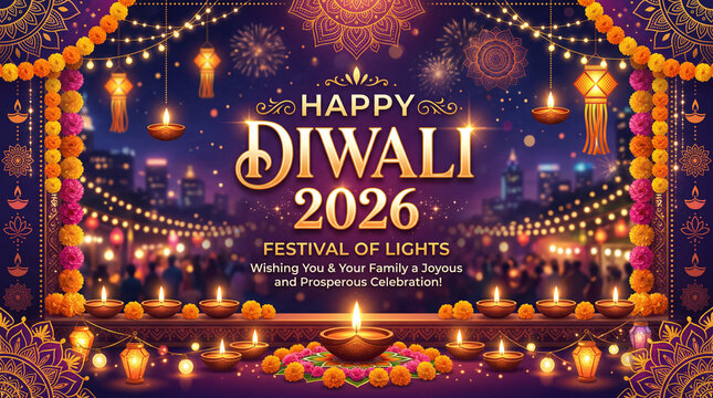 Happy Diwali 2026 invitation card with floral garlands and lit diyas.