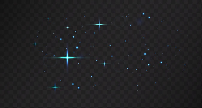 Turquoise glowing dust and stars scattered with different opacity and sizes. Abstract light effect on dark grid background.