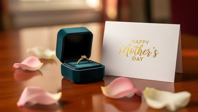 Ring in jewelry box and happy mothers day card with petals gift for mom.