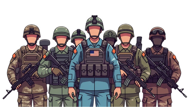 Soldiers in various uniforms stand together with guns and gear.