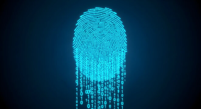 Glowing blue fingerprint made of binary code representing digital identity and biometric security.
