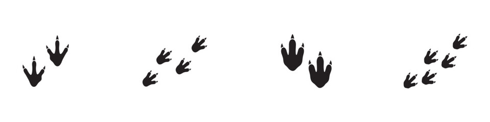 Prehistoric dinosaur trackway and footprint trails icon set with reptile walking patterns, black silhouettes isolated on white background. Vector Illustration.   © Roberto_Caravelli