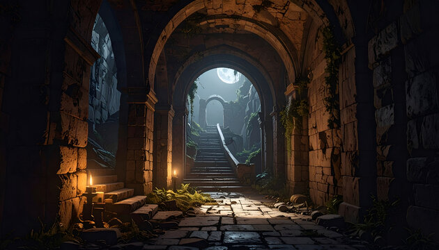 A dramatic, atmospheric view showcases a crumbling stone archway leading to a moonlit staircase within an ancient, overgrown ruin, evoking a sense of mystery and forgotten history.