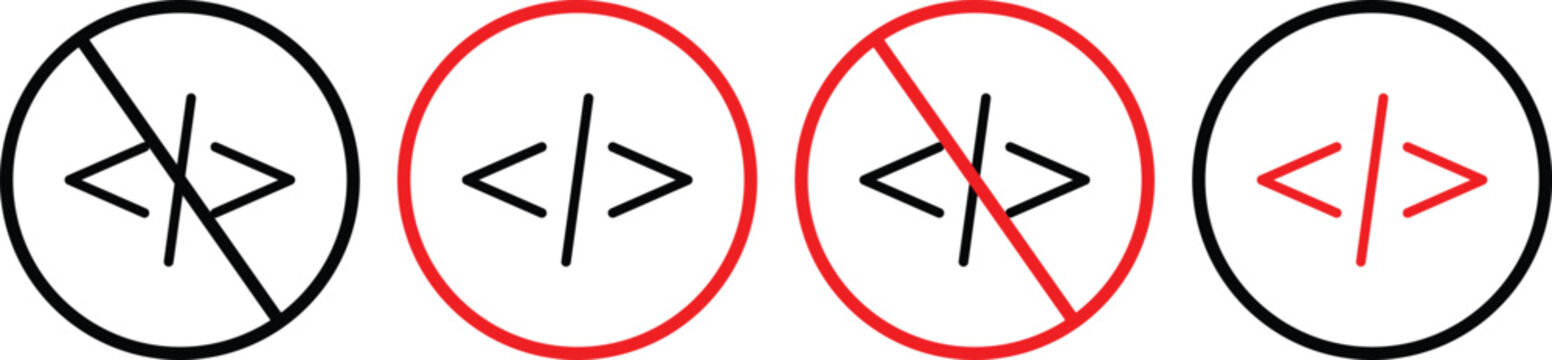 Programming Code Tags Vector Icon Set, HTML Coding Symbols in Circular Frames for Web Development