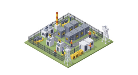 Obraz premium Isometric Industrial Power Plant with Fencing and Equipment.