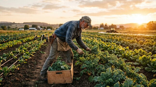 A dedicated farmer harvesting fresh kale into a wooden crate in a lush field during a golden sunset.