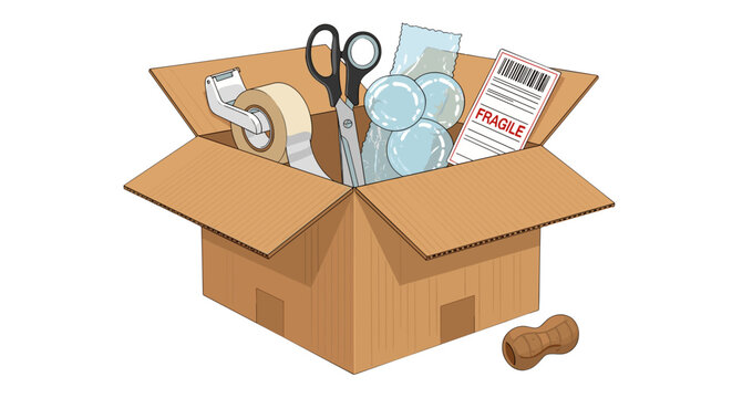 Open cardboard box filled with office supplies and tools
