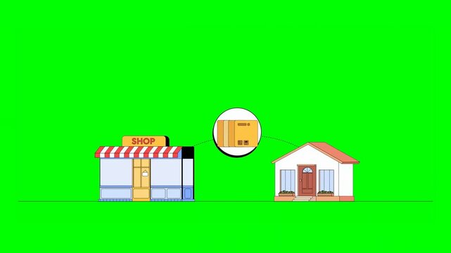 2D Illustrated Delivery Beginning at Shop Where Items Are Prepared for Transport Being Delivered to House on Green Background.