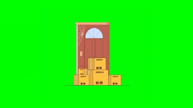 2D Illustration of Closed Delivery Box Packages With Goods Symbols and Shipping Details Popping up at Front Door With Cobwebs on Green Background.