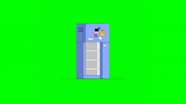 2D Animated Empty Refrigerator With Photos and Notes Attached With Fridge Magnet Opening Door on Green Background
