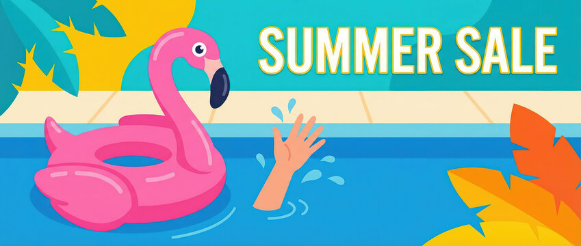 Pink flamingo pool float with hand reaching out of water. Summer sale banner with tropical leaves and sun. Funny swimming pool illustration