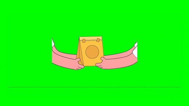2D Animation of Two Hands of Delivery Man Handing Over Yellow Package to Customer on Green Background