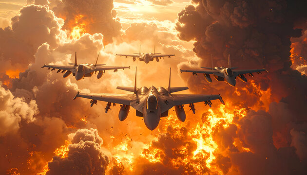 A squadron of fighter jets soars through a fiery, dramatic sky, creating a powerful and intense visual spectacle.